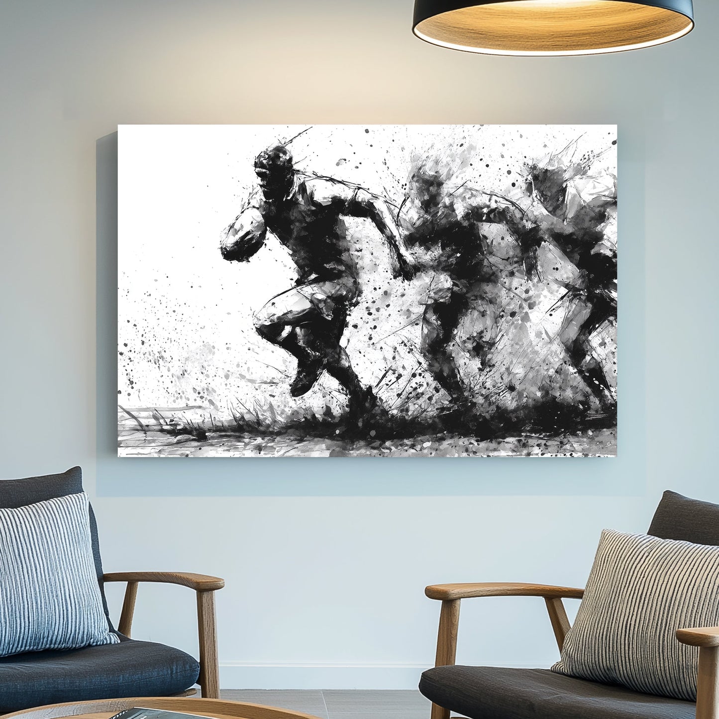 black and white rugby wall art in ink splash style