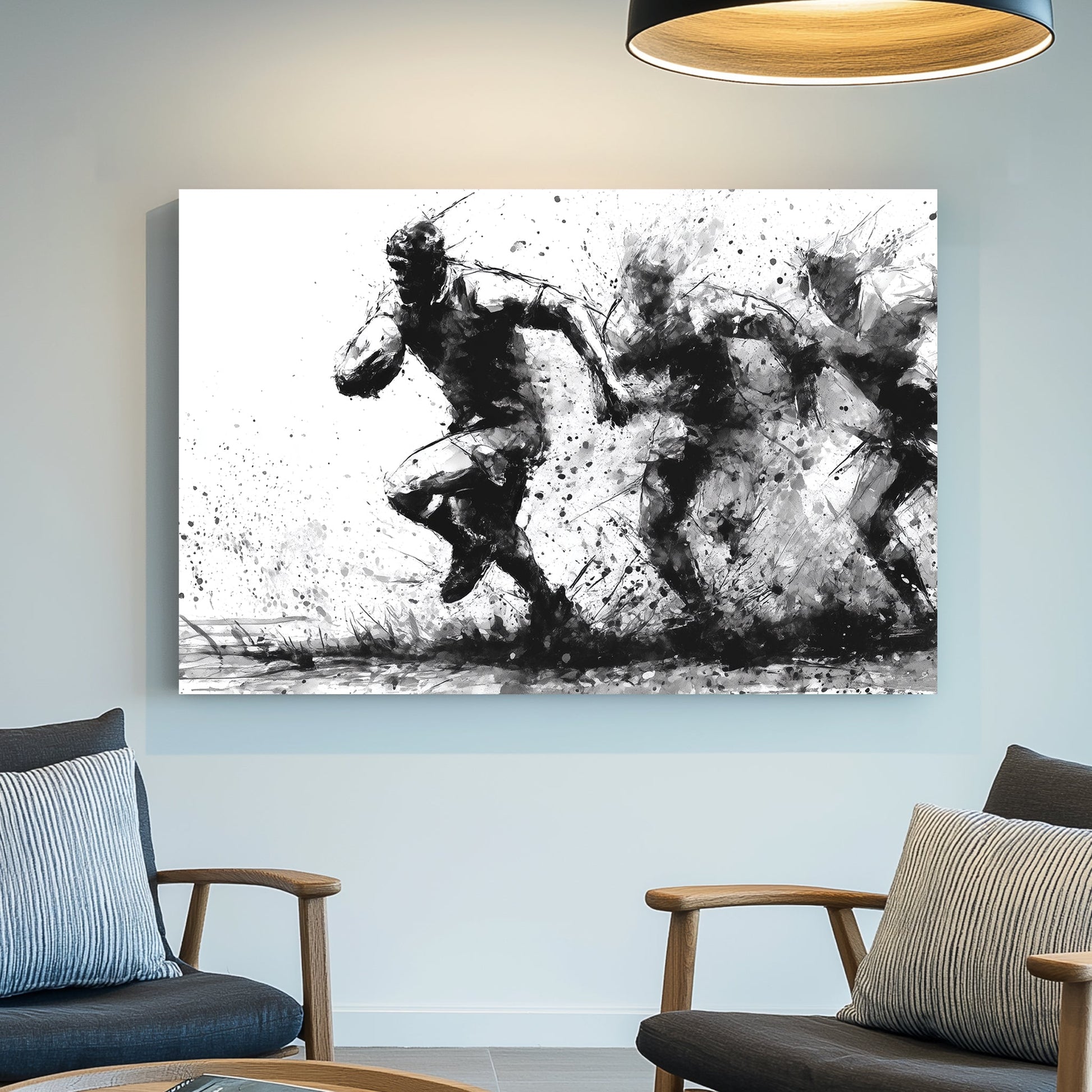 black and white rugby wall art in ink splash style