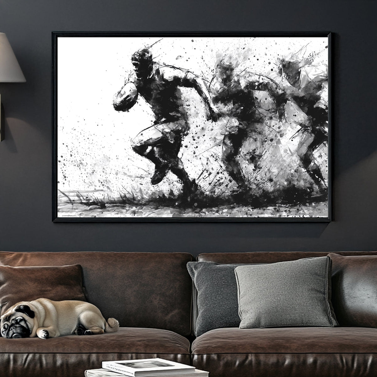 black and white rugby wall art in ink splash style
