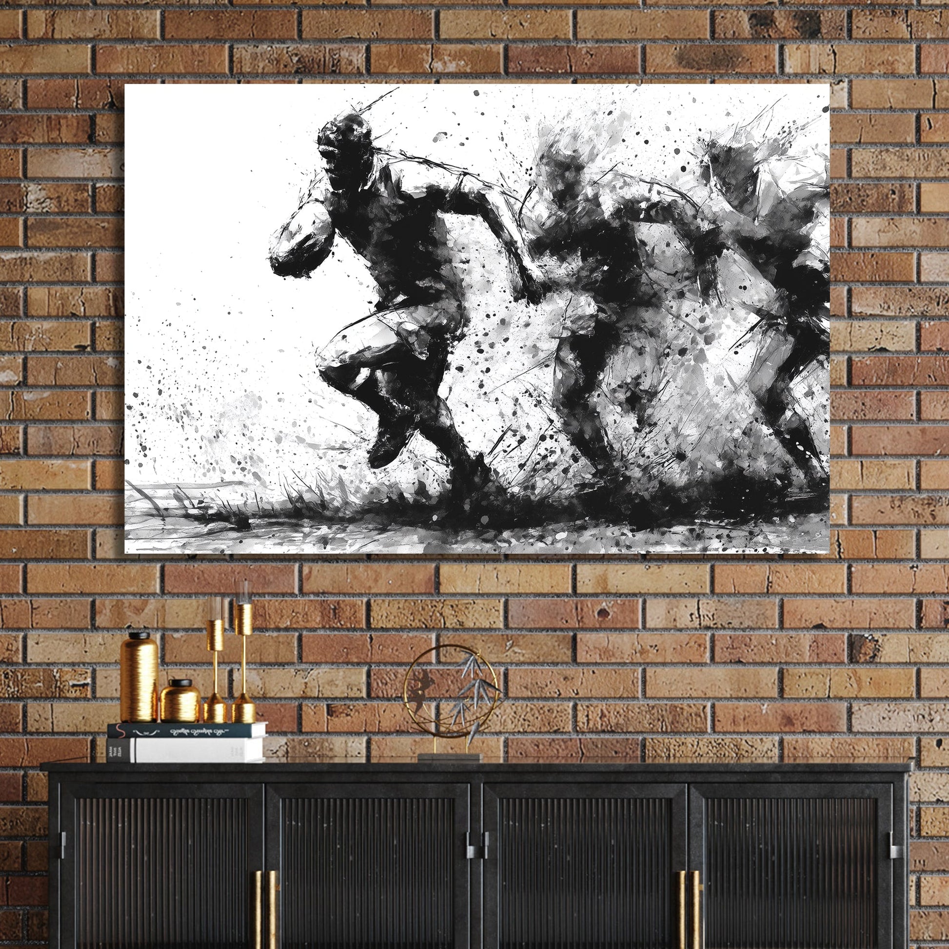 black and white rugby wall art in ink splash style