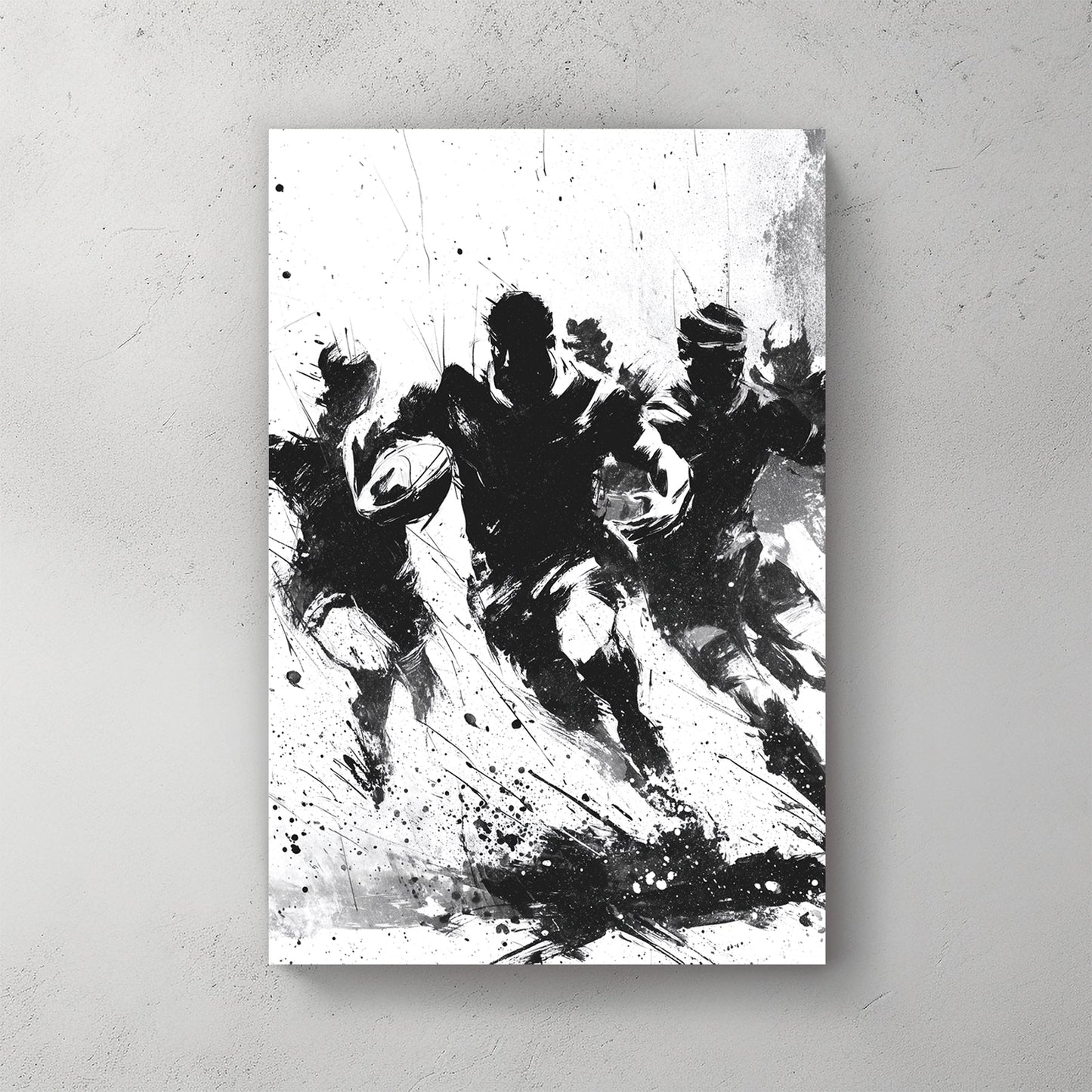 black and white expressive rugby wall art with paint splatter style