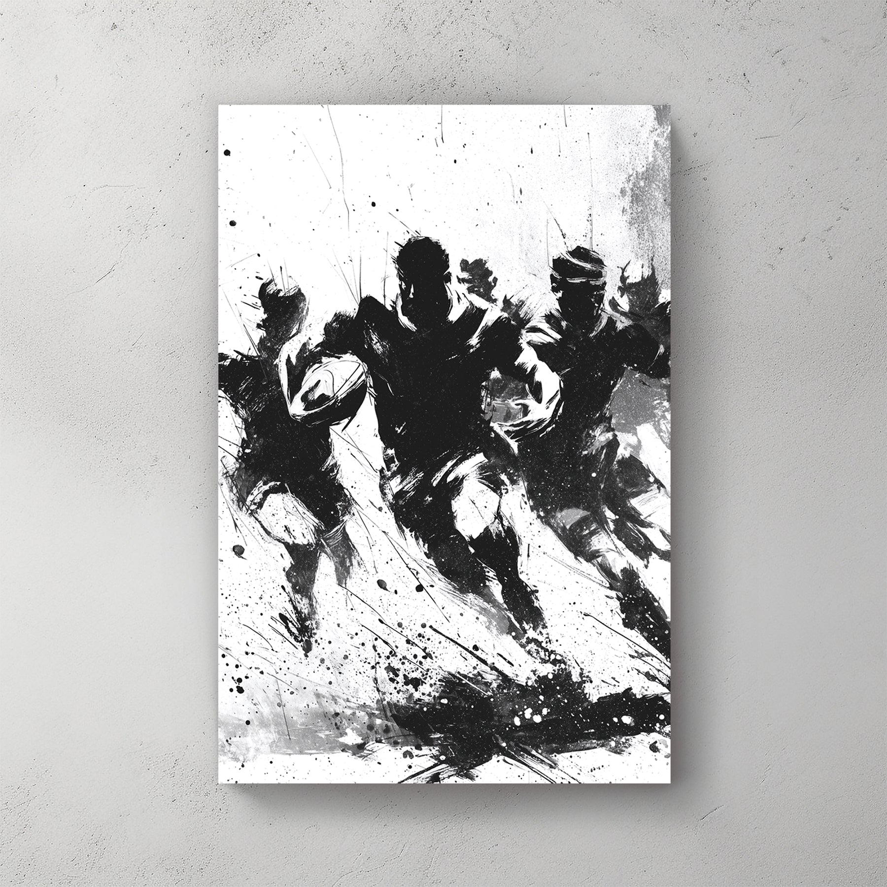black and white expressive rugby wall art with paint splatter style