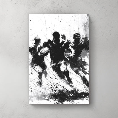 black and white expressive rugby wall art with paint splatter style