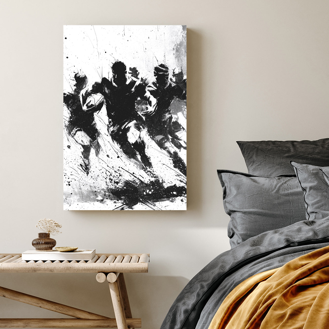 black and white expressive rugby wall art with paint splatter style