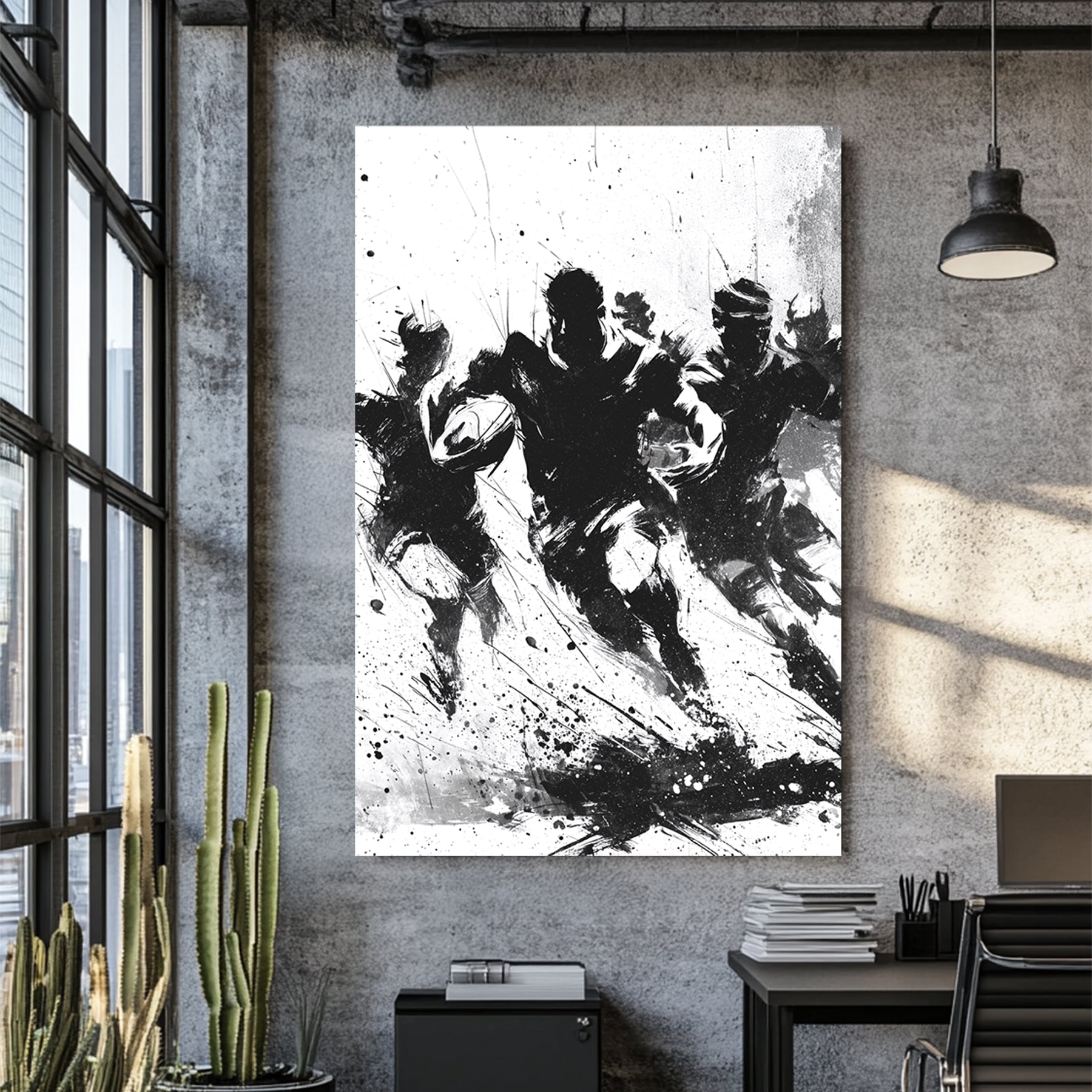 black and white expressive rugby wall art with paint splatter style