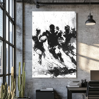 black and white expressive rugby wall art with paint splatter style