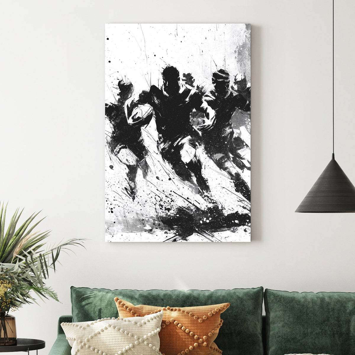 black and white expressive rugby wall art with paint splatter style
