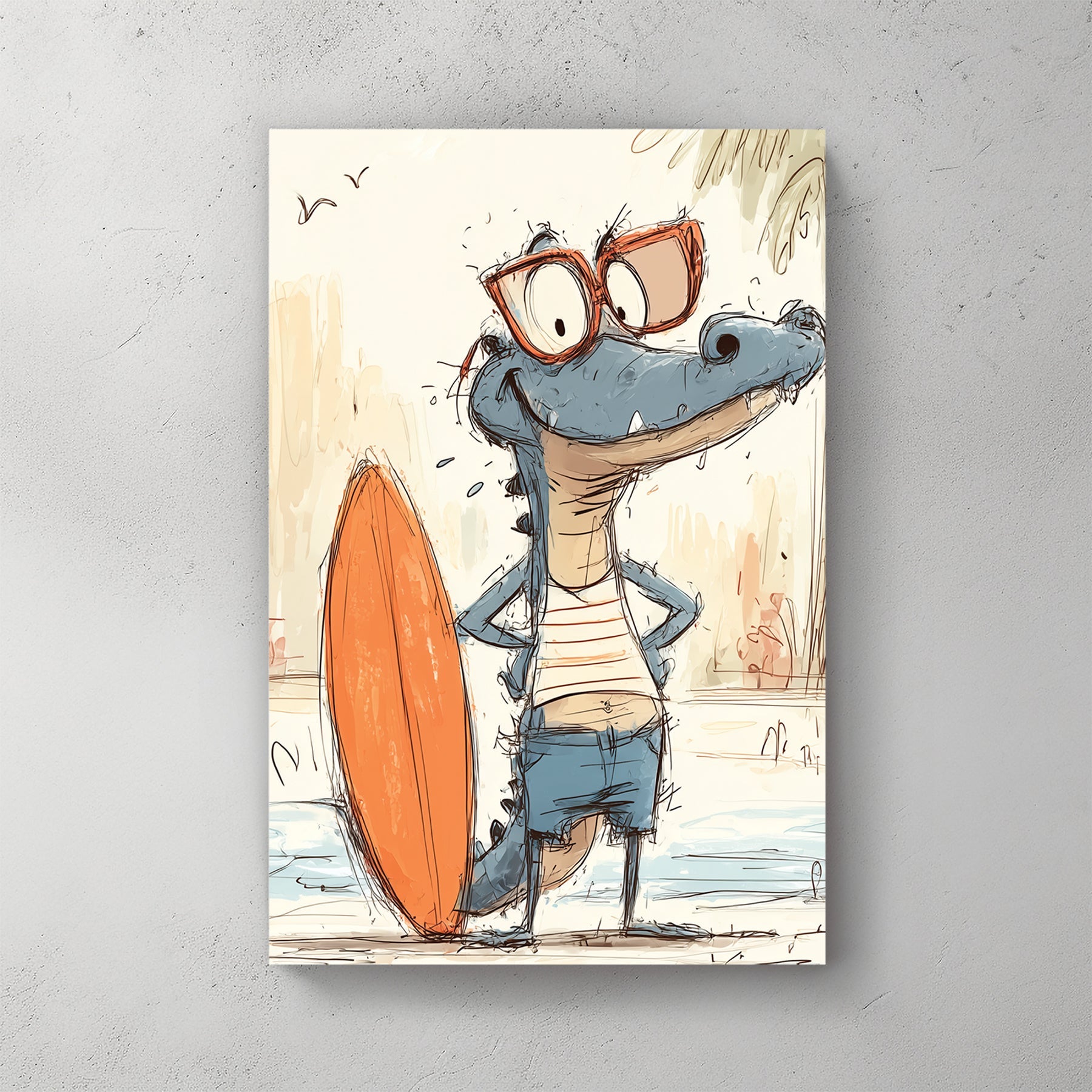 funny cartoon gator with surfboard wearing sunglasses and beach clothes