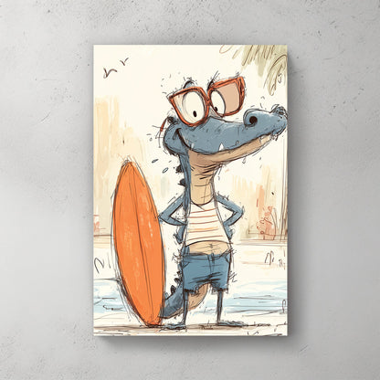 funny cartoon gator with surfboard wearing sunglasses and beach clothes