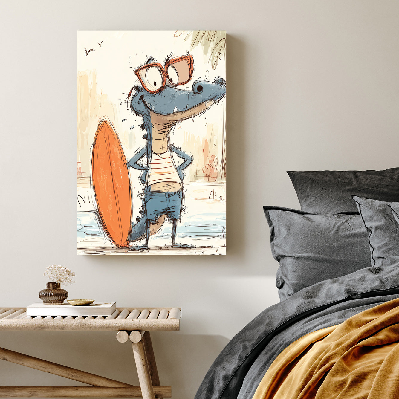 funny cartoon gator with surfboard wearing sunglasses and beach clothes