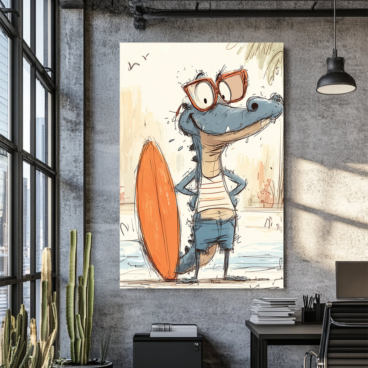funny cartoon gator with surfboard wearing sunglasses and beach clothes