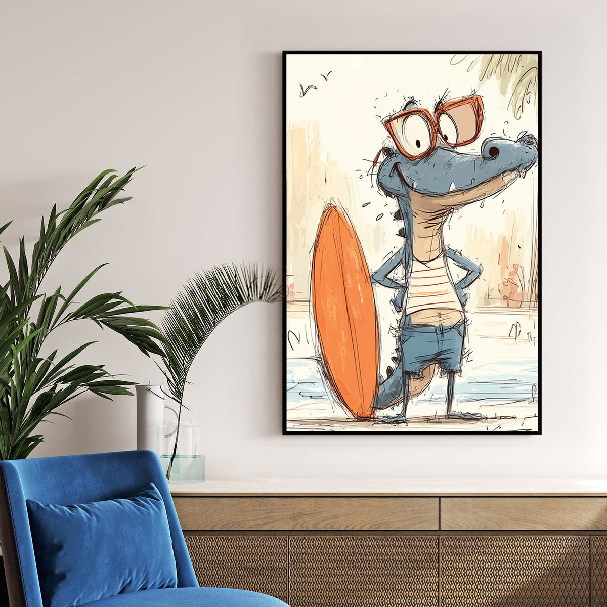 funny cartoon gator with surfboard wearing sunglasses and beach clothes