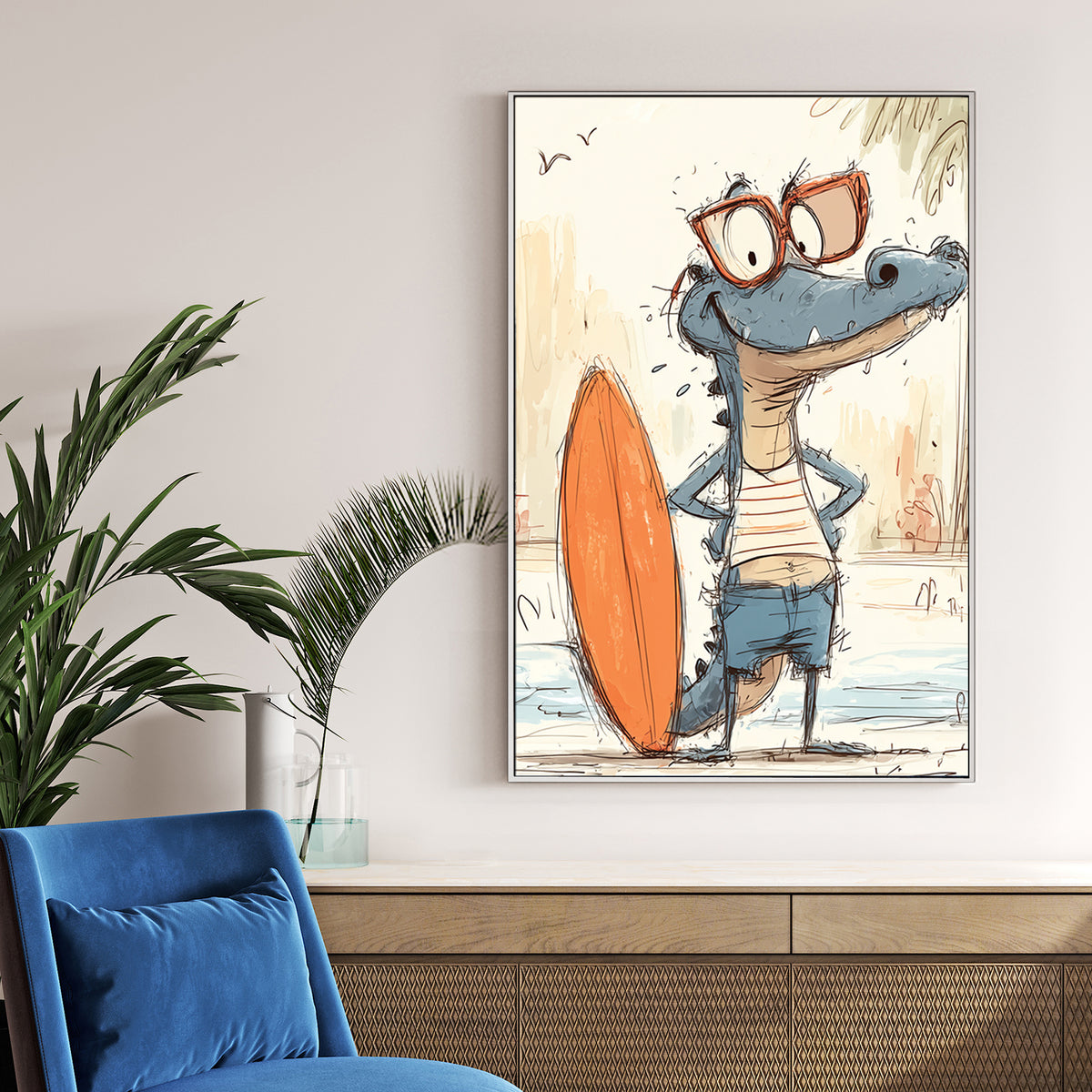 funny cartoon gator with surfboard wearing sunglasses and beach clothes