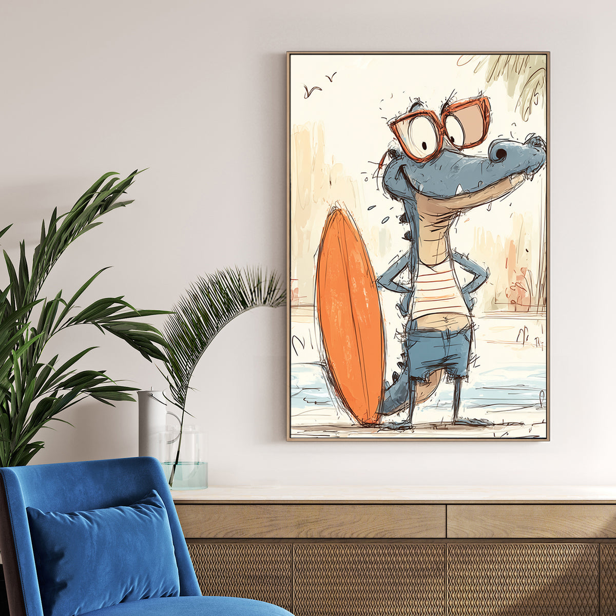 funny cartoon gator with surfboard wearing sunglasses and beach clothes
