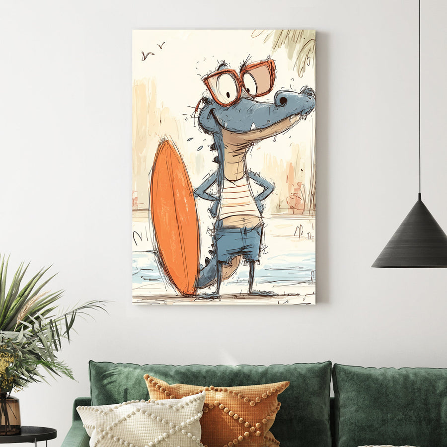 funny cartoon gator with surfboard wearing sunglasses and beach clothes