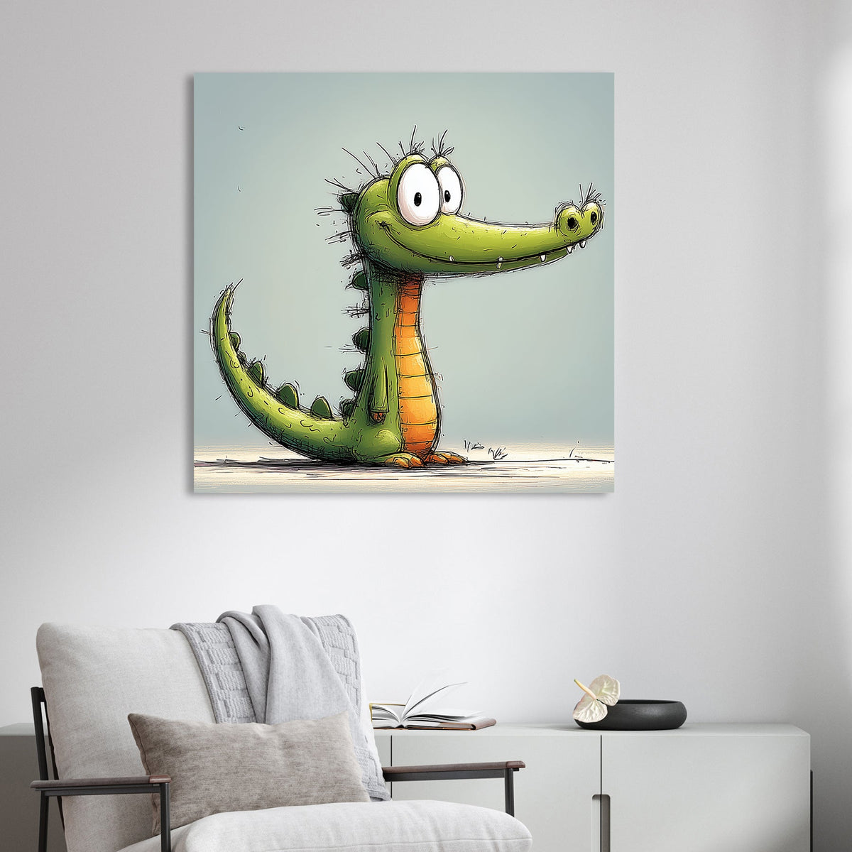 funny cartoon baby crocodile illustration with big eyes and smiling face