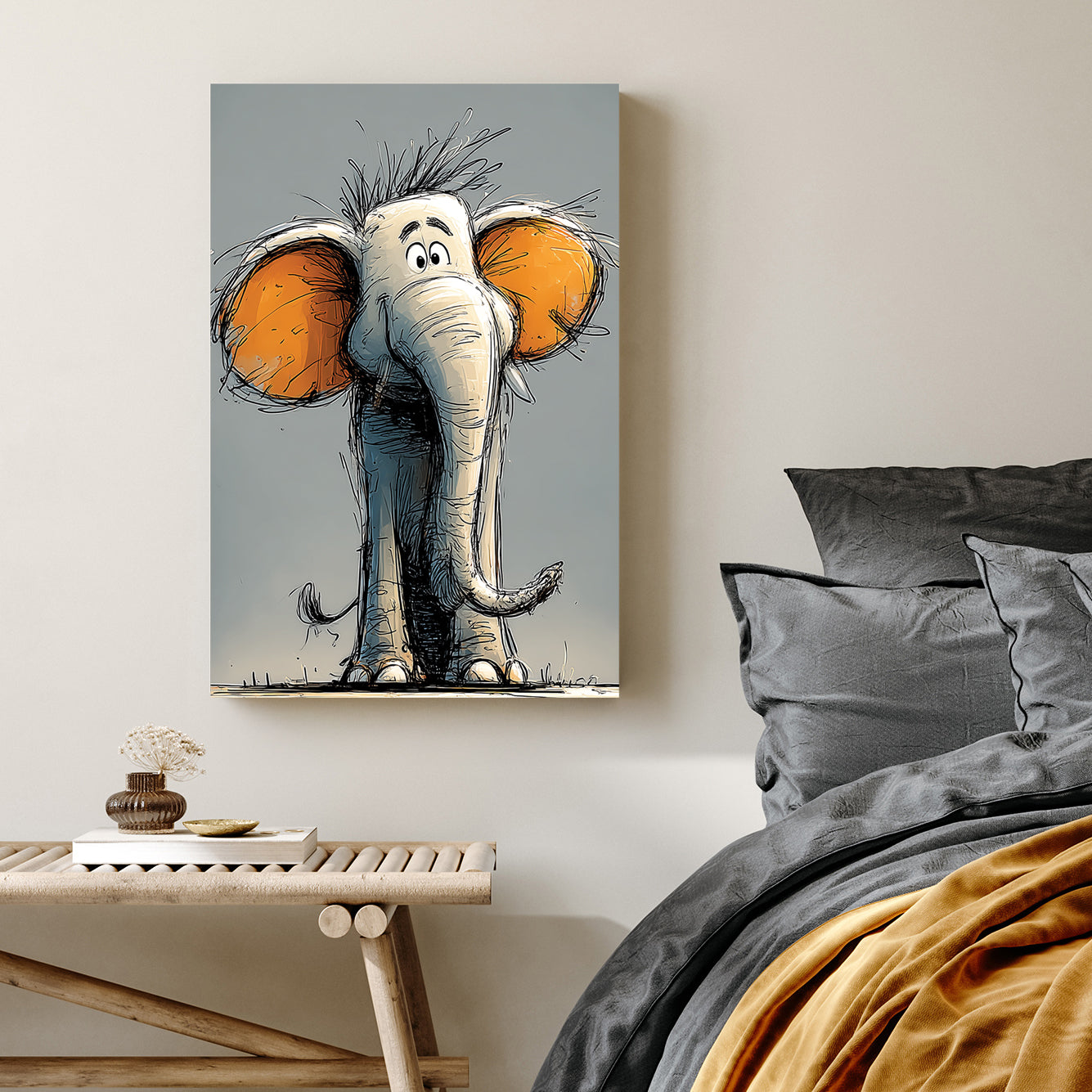 cartoon elephant illustration with large orange ears and playful expression