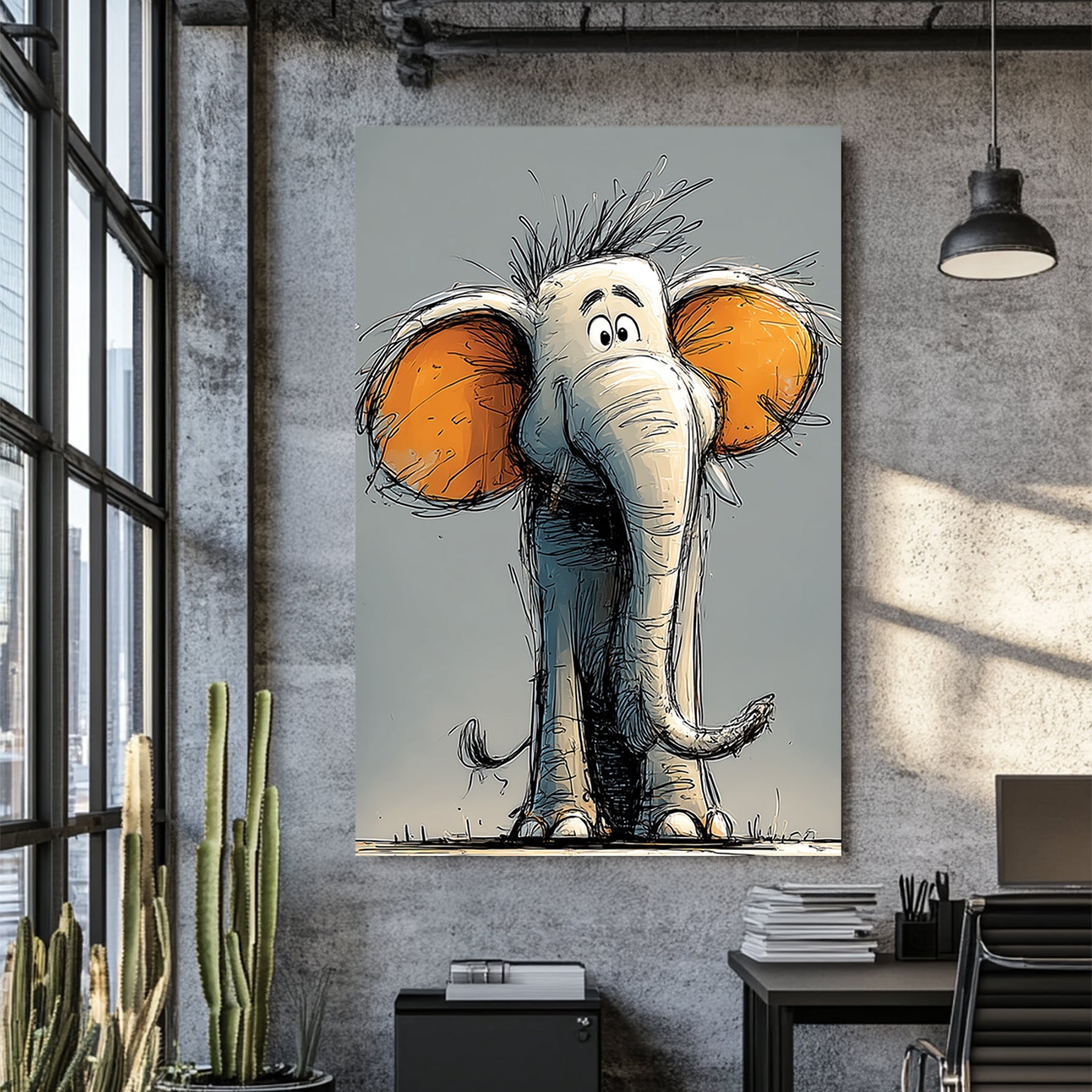 cartoon elephant illustration with large orange ears and playful expression