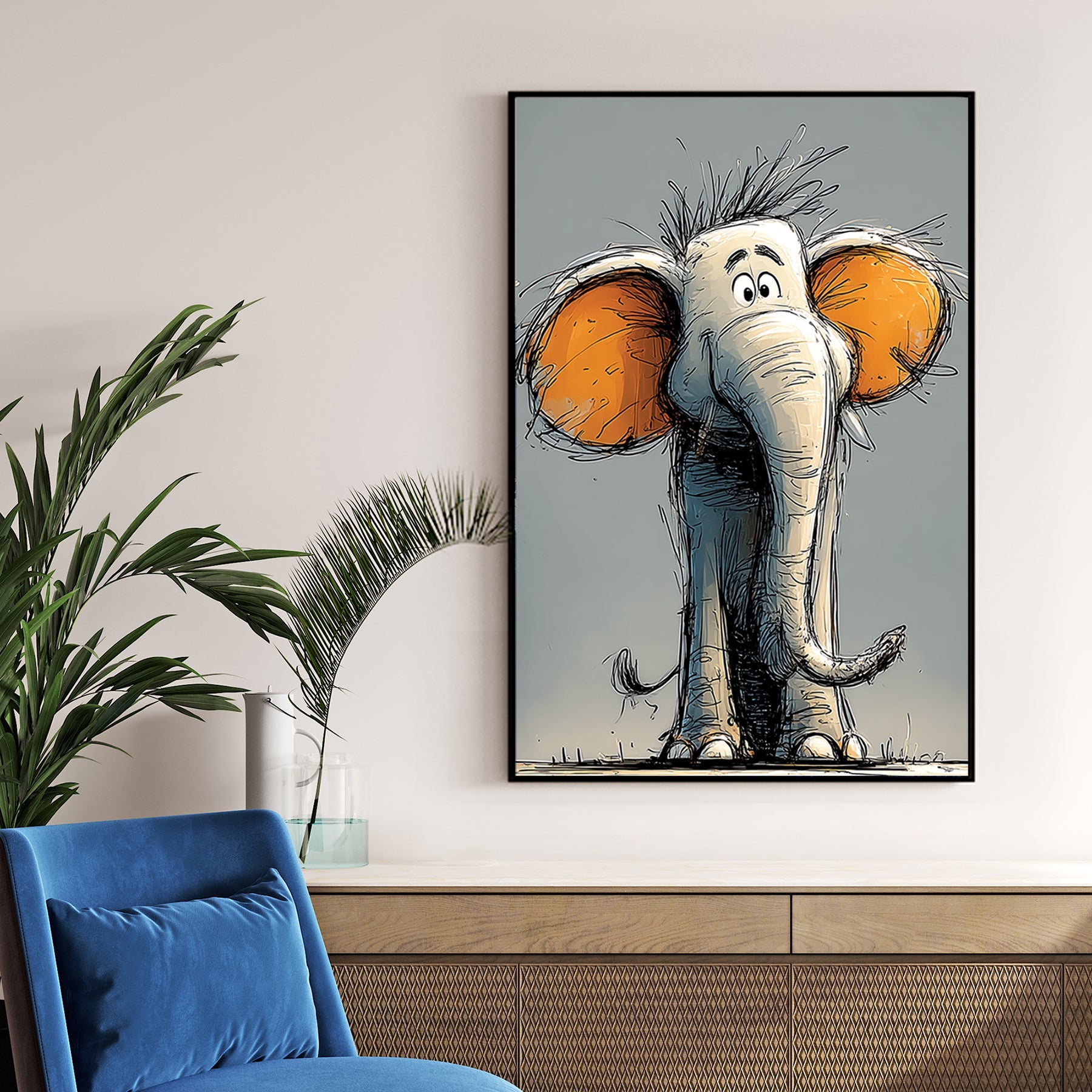 cartoon elephant illustration with large orange ears and playful expression