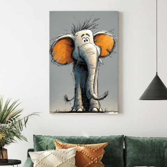 cartoon elephant illustration with large orange ears and playful expression