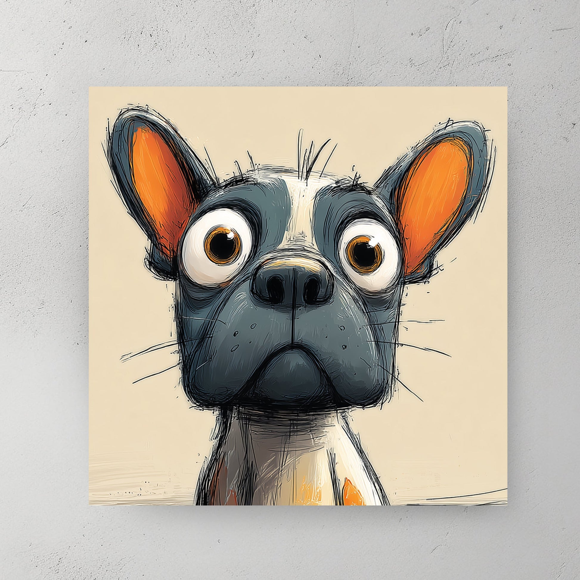 funny cartoon dog with large eyes and orange-tinted ears on beige background
