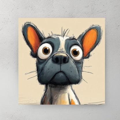 funny cartoon dog with large eyes and orange-tinted ears on beige background