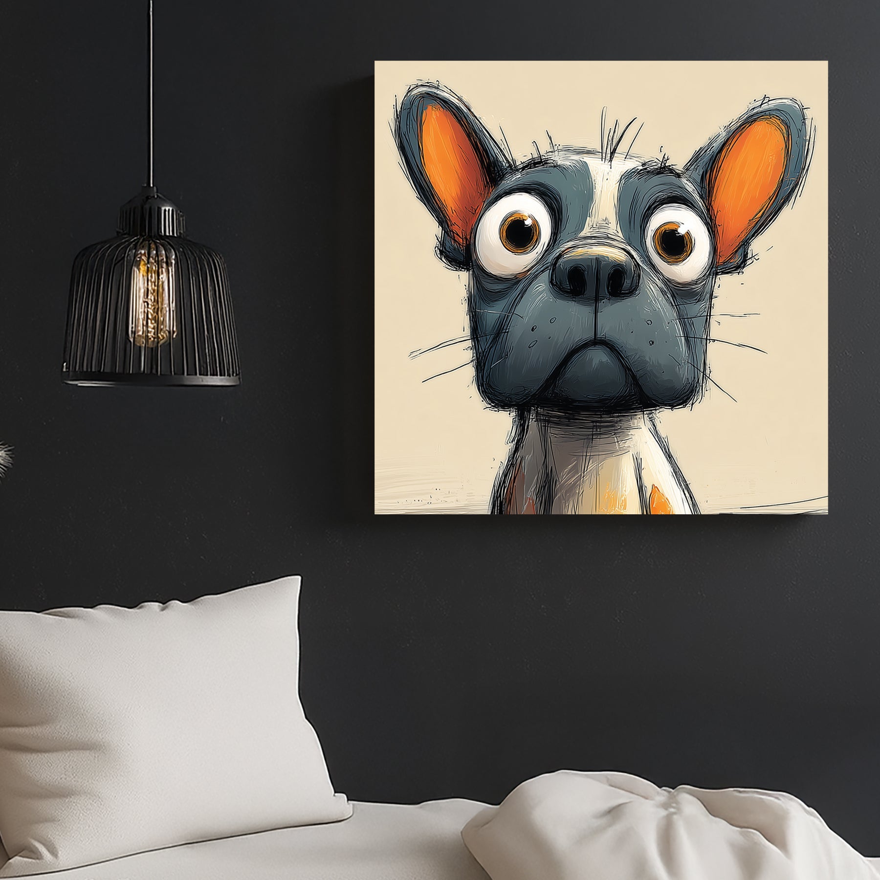 funny cartoon dog with large eyes and orange-tinted ears on beige background