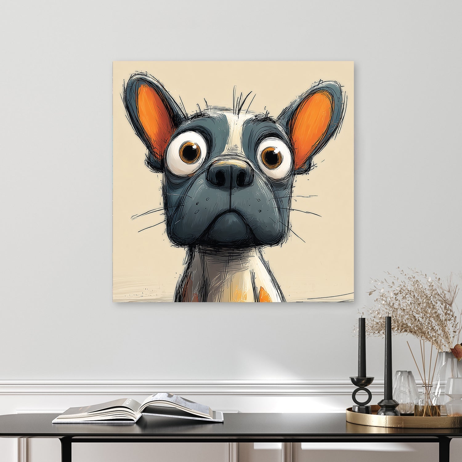 funny cartoon dog with large eyes and orange-tinted ears on beige background