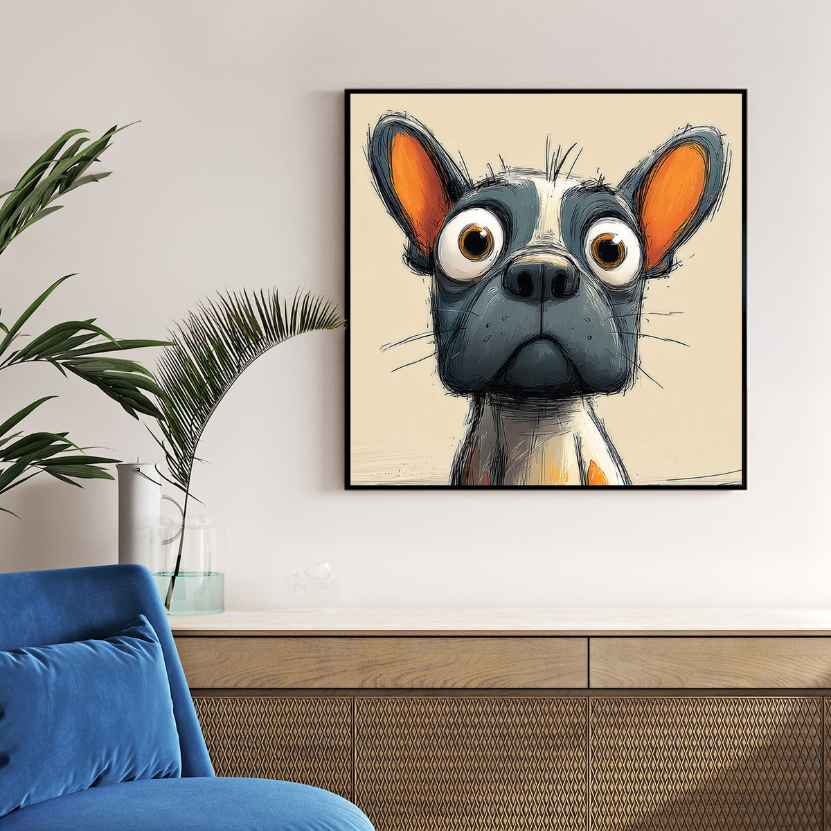 funny cartoon dog with large eyes and orange-tinted ears on beige background