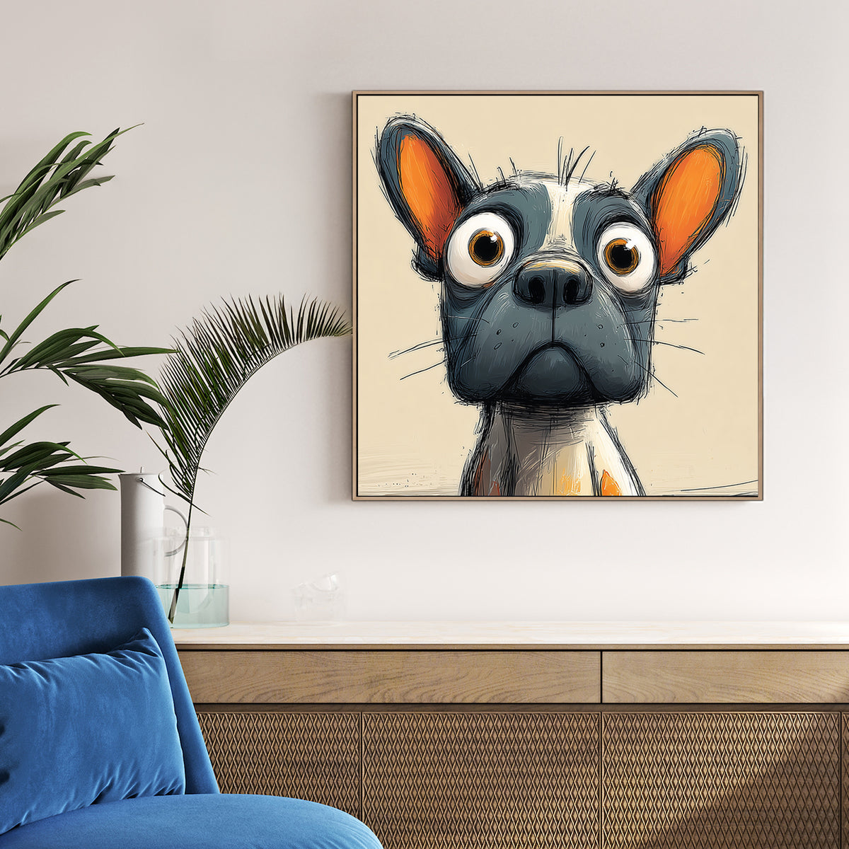 funny cartoon dog with large eyes and orange-tinted ears on beige background