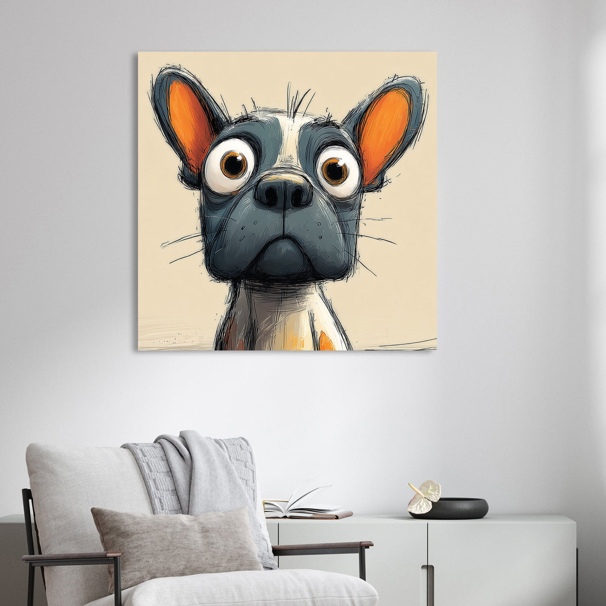 funny cartoon dog with large eyes and orange-tinted ears on beige background