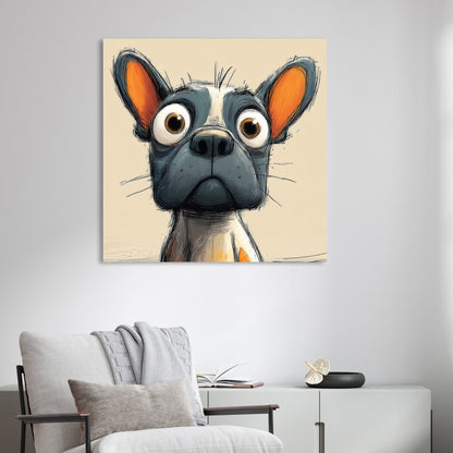 funny cartoon dog with large eyes and orange-tinted ears on beige background