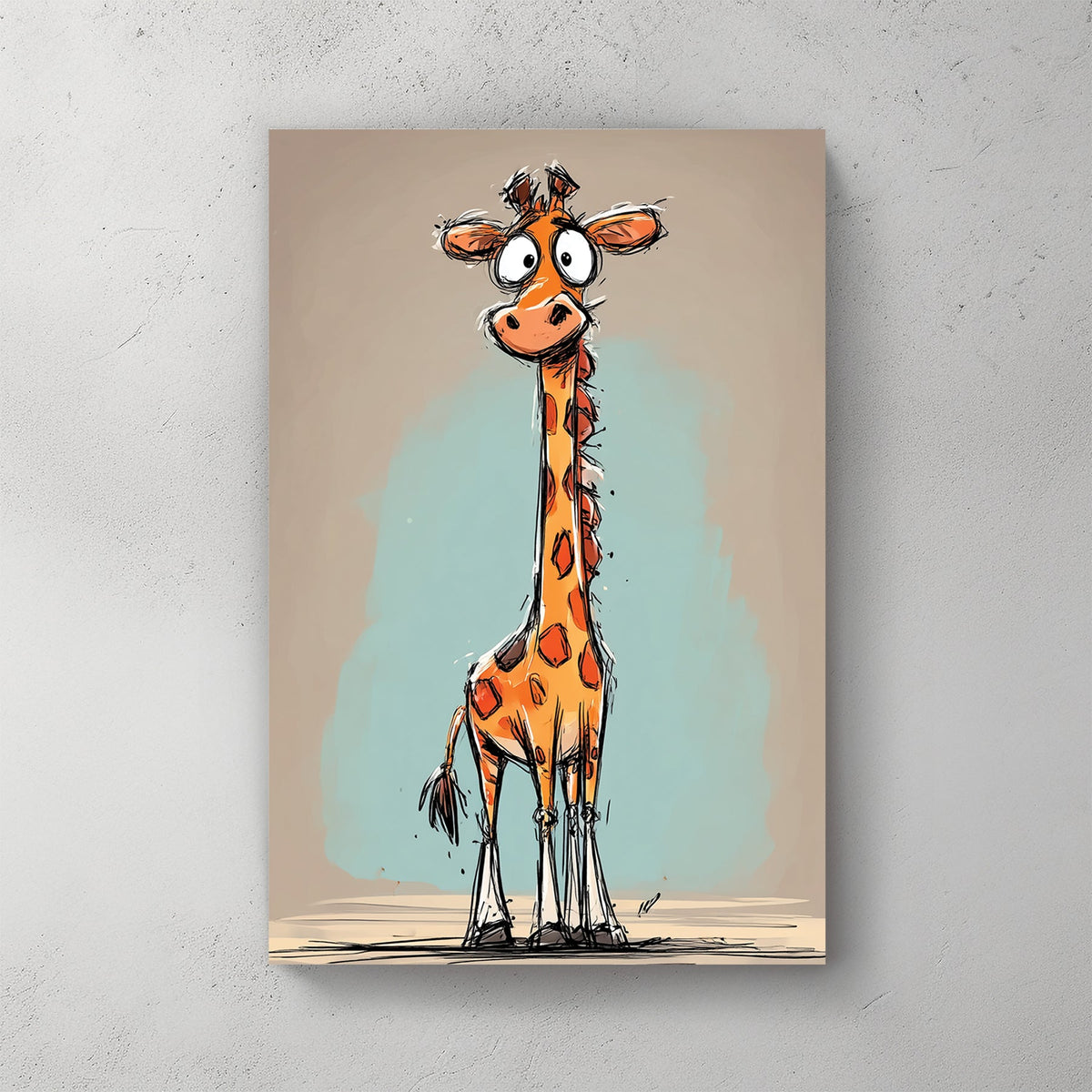 funny cartoon giraffe with long neck and orange spots on teal and beige background