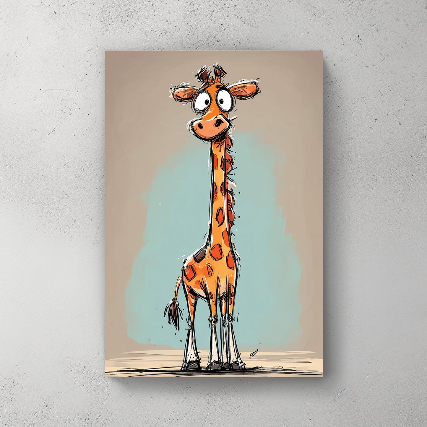 funny cartoon giraffe with long neck and orange spots on teal and beige background