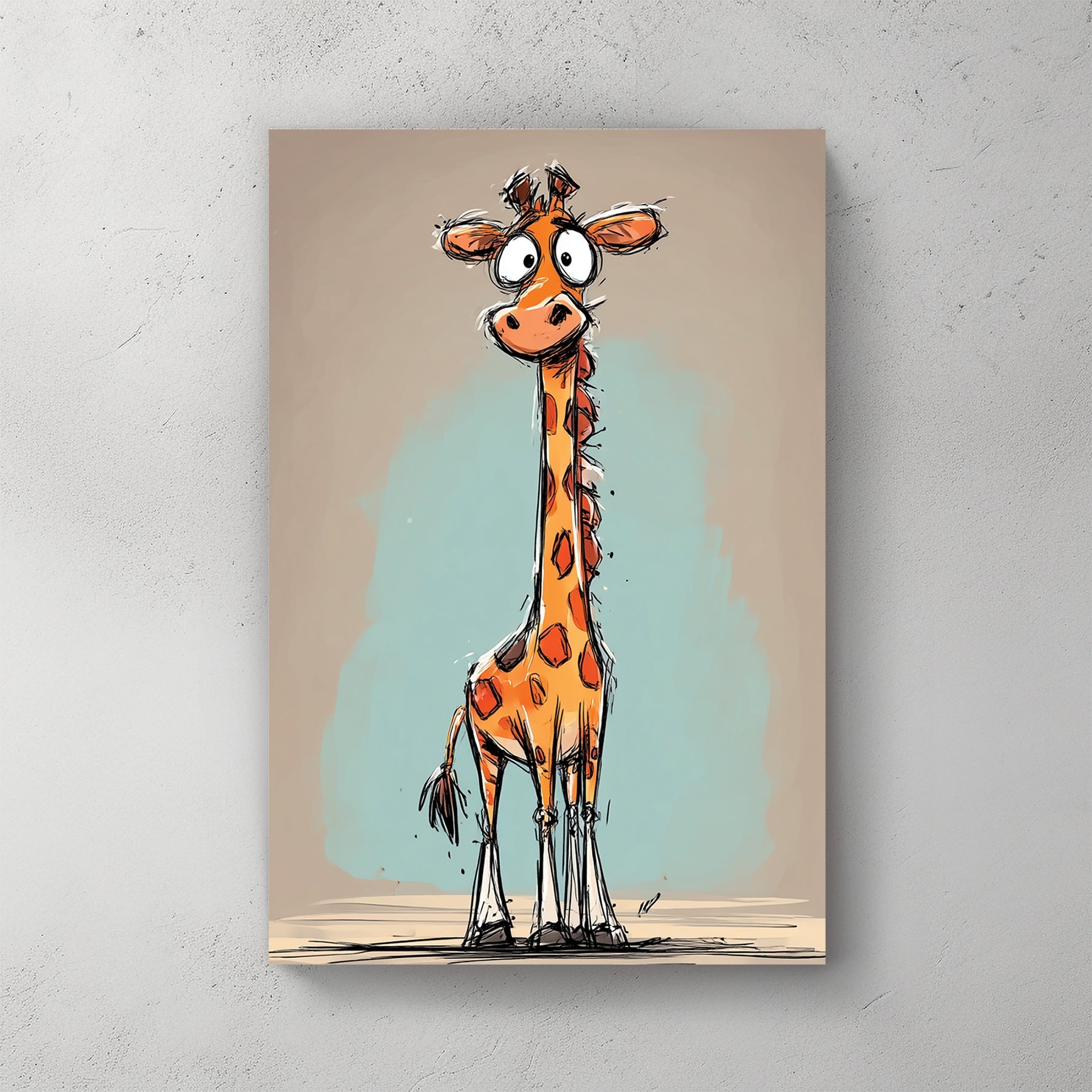 funny cartoon giraffe with long neck and orange spots on teal and beige background