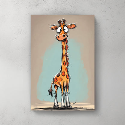 funny cartoon giraffe with long neck and orange spots on teal and beige background