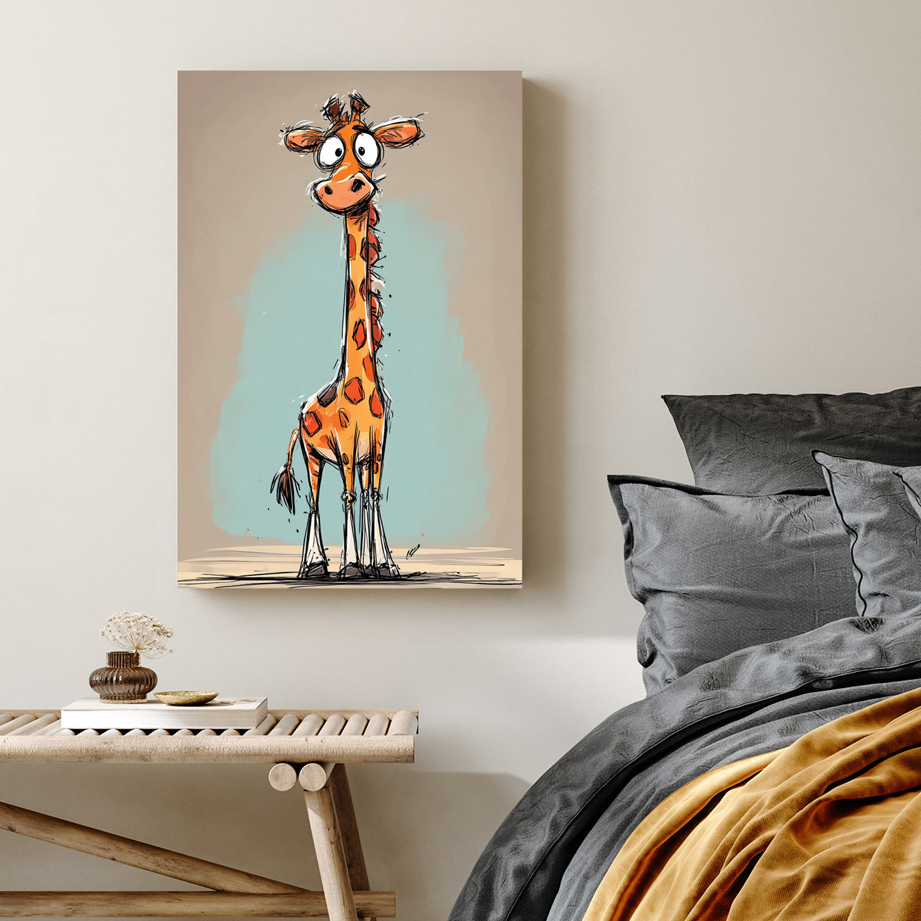 funny cartoon giraffe with long neck and orange spots on teal and beige background