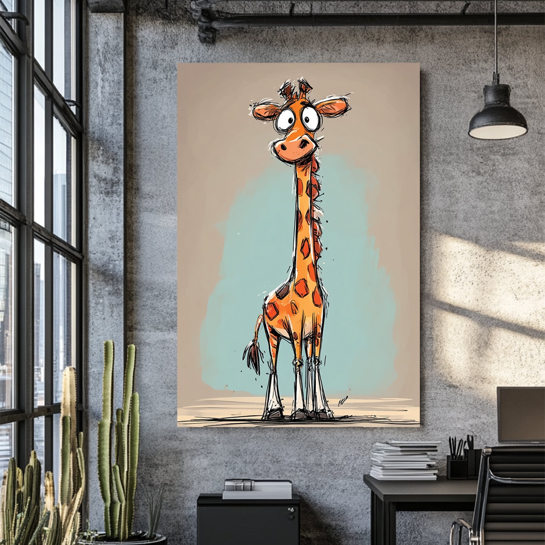 funny cartoon giraffe with long neck and orange spots on teal and beige background