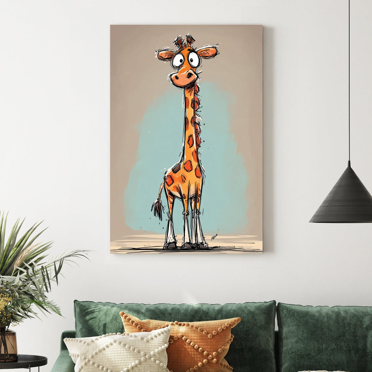 funny cartoon giraffe with long neck and orange spots on teal and beige background