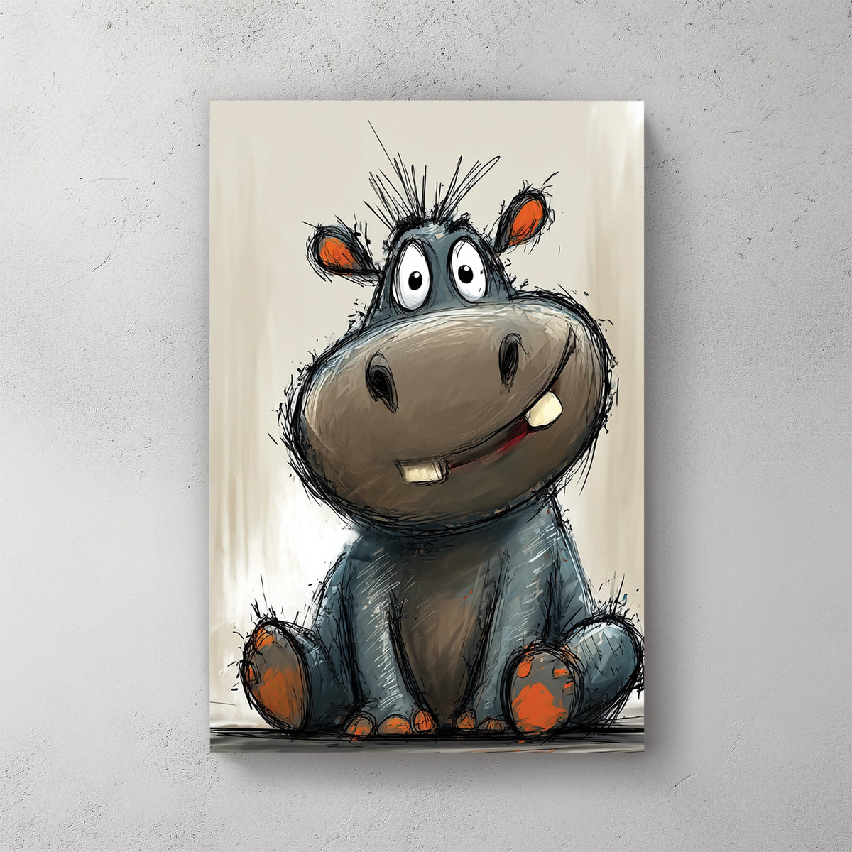 funny cartoon hippo sitting with goofy smile and orange paws on beige background