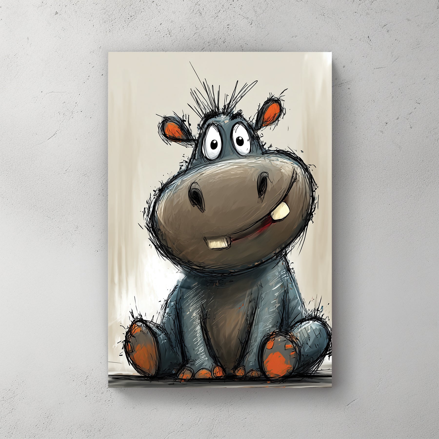 funny cartoon hippo sitting with goofy smile and orange paws on beige background