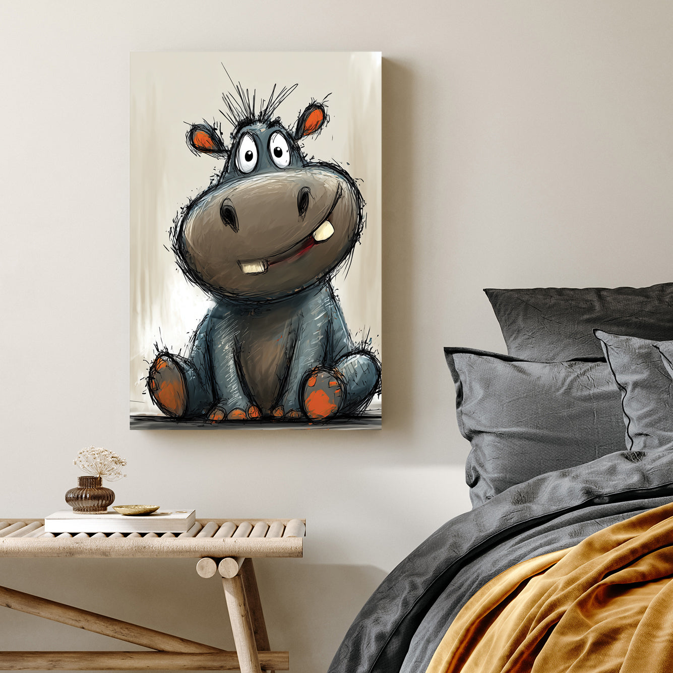 funny cartoon hippo sitting with goofy smile and orange paws on beige background