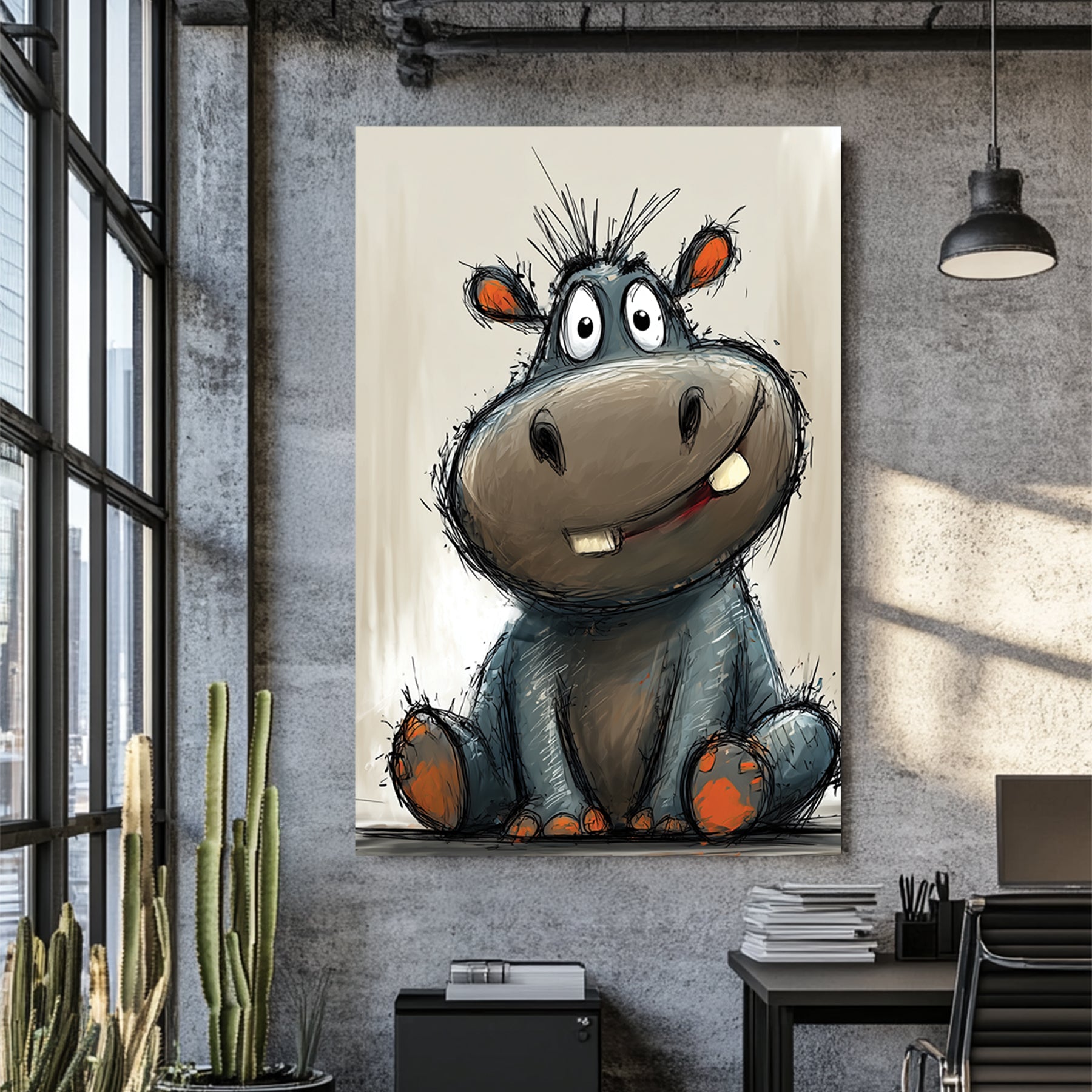 funny cartoon hippo sitting with goofy smile and orange paws on beige background