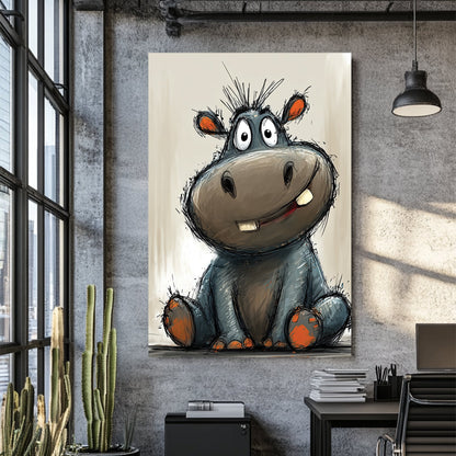 funny cartoon hippo sitting with goofy smile and orange paws on beige background