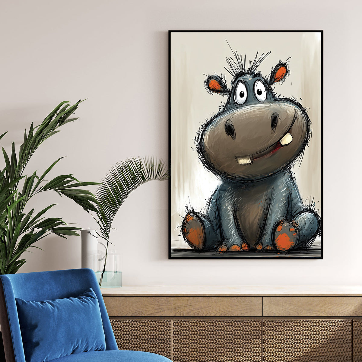 funny cartoon hippo sitting with goofy smile and orange paws on beige background