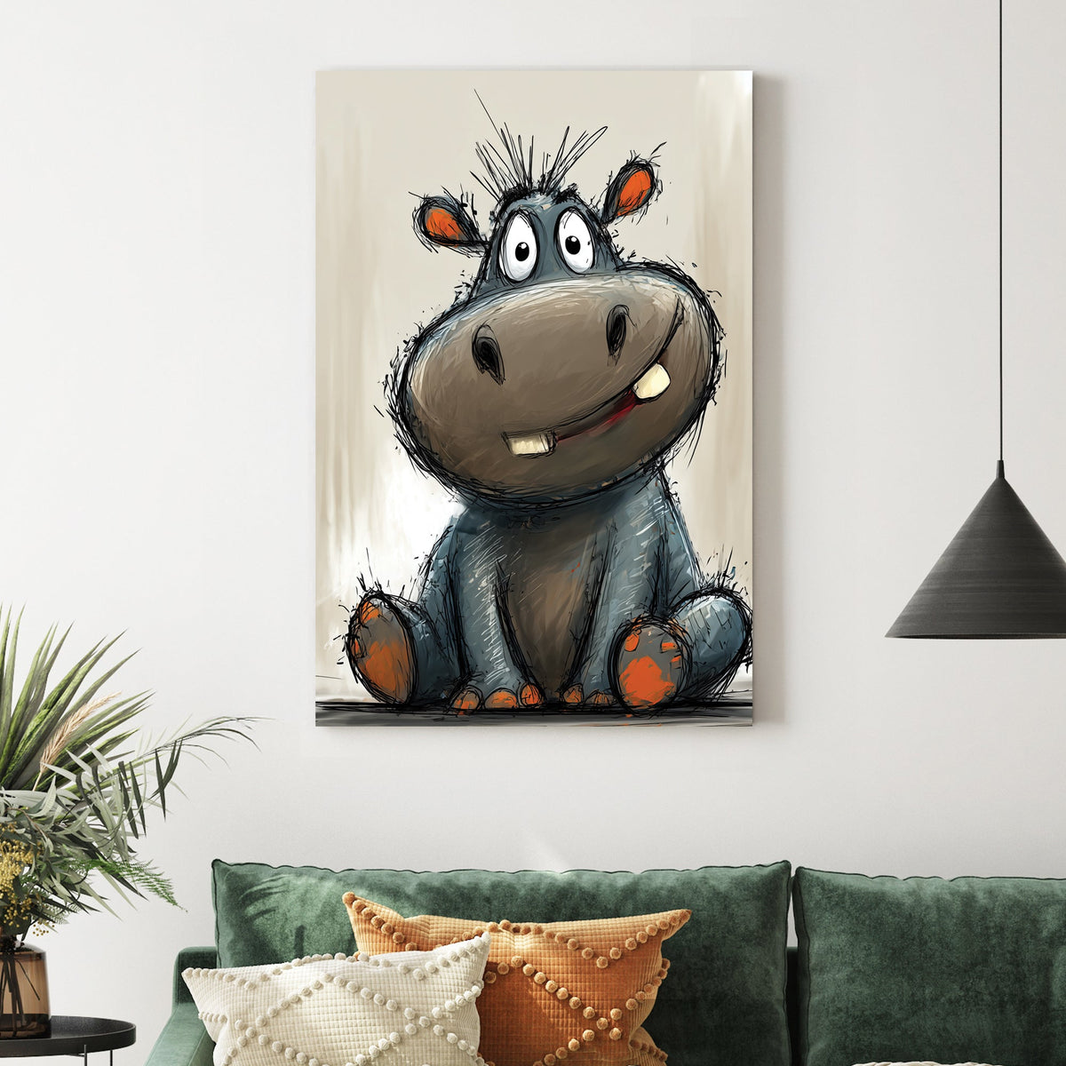 funny cartoon hippo sitting with goofy smile and orange paws on beige background