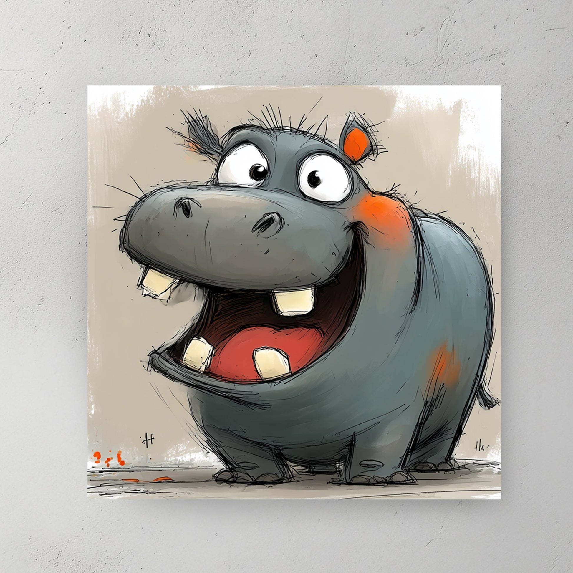 cartoon hippo laughing with big open mouth and orange accents on neutral background