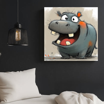 cartoon hippo laughing with big open mouth and orange accents on neutral background