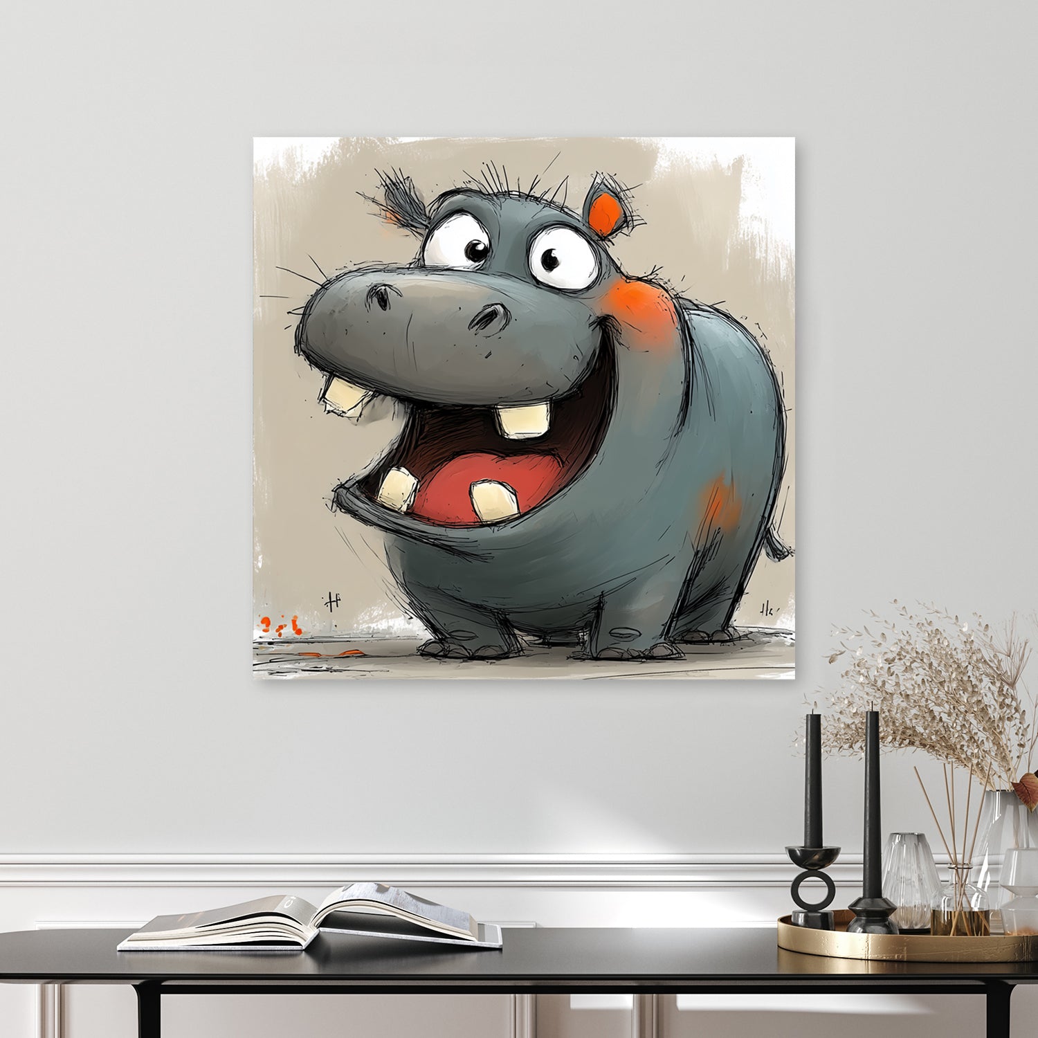 cartoon hippo laughing with big open mouth and orange accents on neutral background