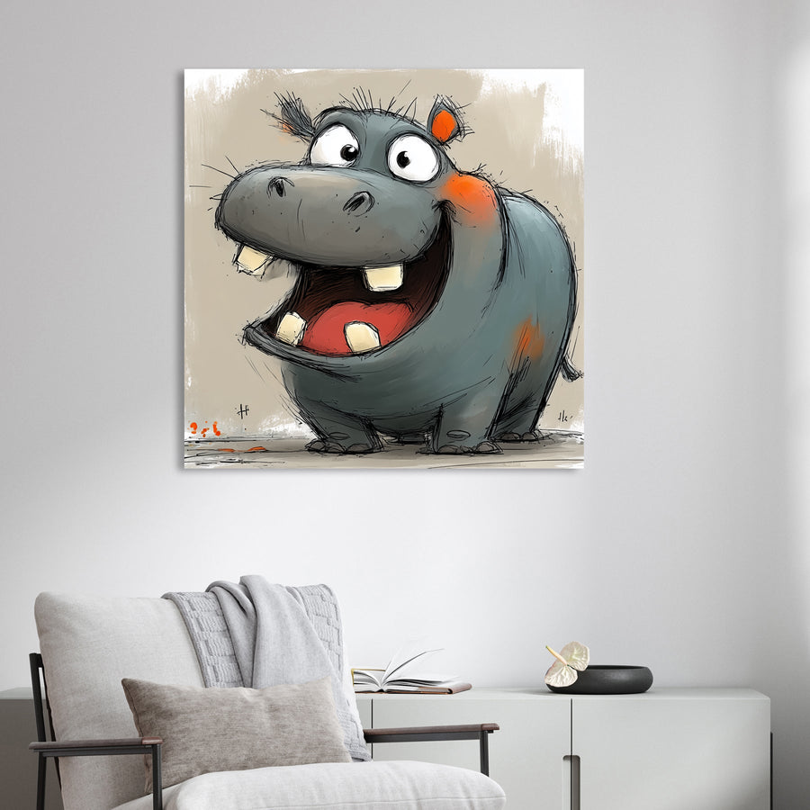 cartoon hippo laughing with big open mouth and orange accents on neutral background